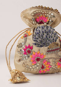 Tan Brown Raw Silk Embroidered Potli Bag