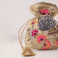 Tan Brown Raw Silk Embroidered Potli Bag