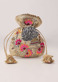 Tan Brown Raw Silk Embroidered Potli Bag