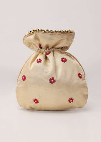 Tan Brown Raw Silk Embroidered Potli Bag