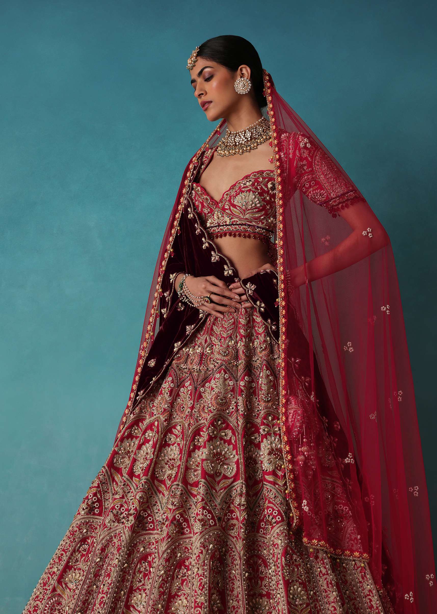 Brick Red Velvet Bridal Lehenga Set With Aari Work