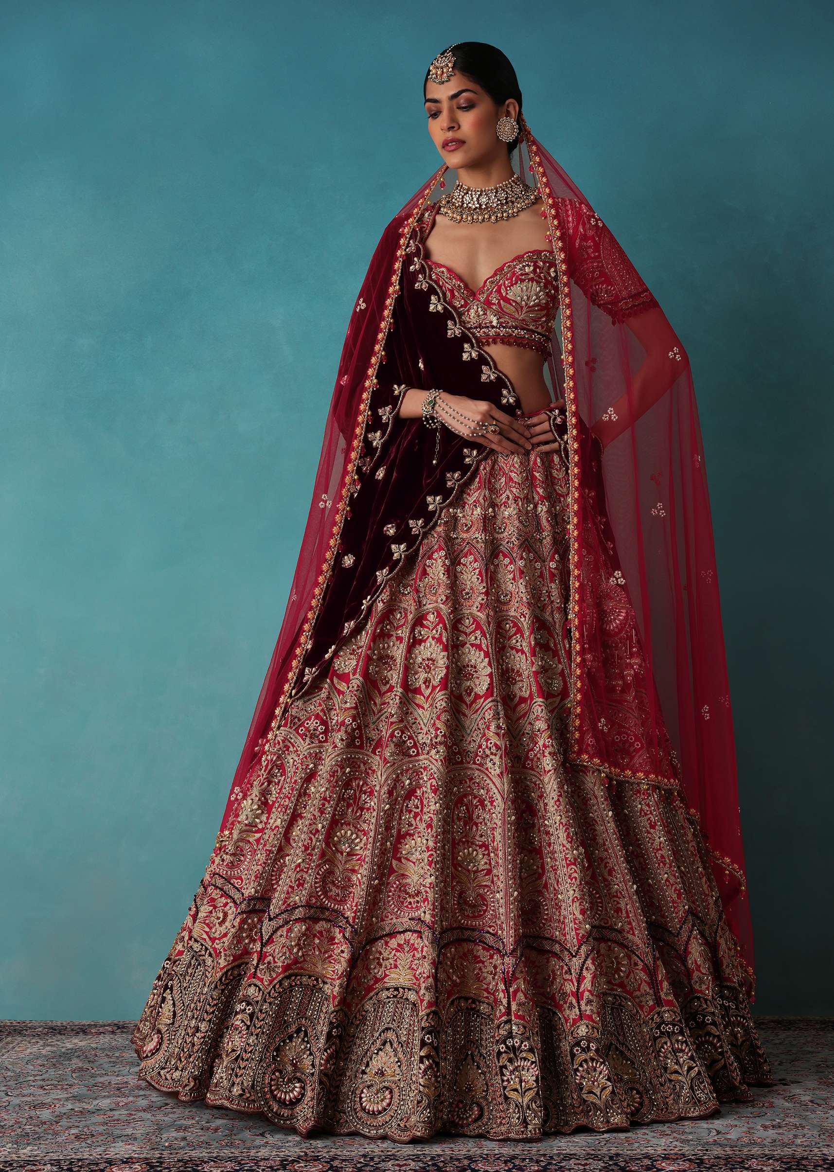 Brick Red Velvet Bridal Lehenga Set With Aari Work