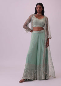 Turquoise Blue Palazzo And Blouse Set In Georgette With Sequins Work