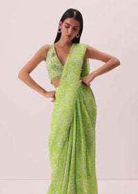 Citrus Green Pre-Stitched Printed Saree In Georgette With Hand-Embroidered Blouse