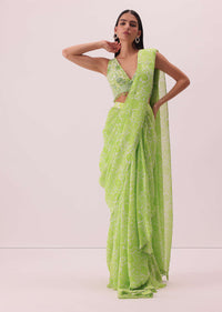 Citrus Green Pre-Stitched Printed Saree In Georgette With Hand-Embroidered Blouse