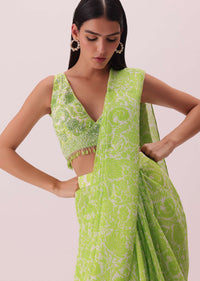 Citrus Green Pre-Stitched Printed Saree In Georgette With Hand-Embroidered Blouse