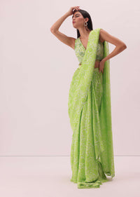 Citrus Green Pre-Stitched Printed Saree In Georgette With Hand-Embroidered Blouse