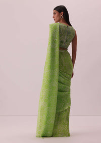 Citrus Green Pre-Stitched Printed Saree In Georgette With Hand-Embroidered Blouse