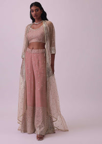 Onion Pink Palazzo And Blouse Set In Georgette With Sequins Work