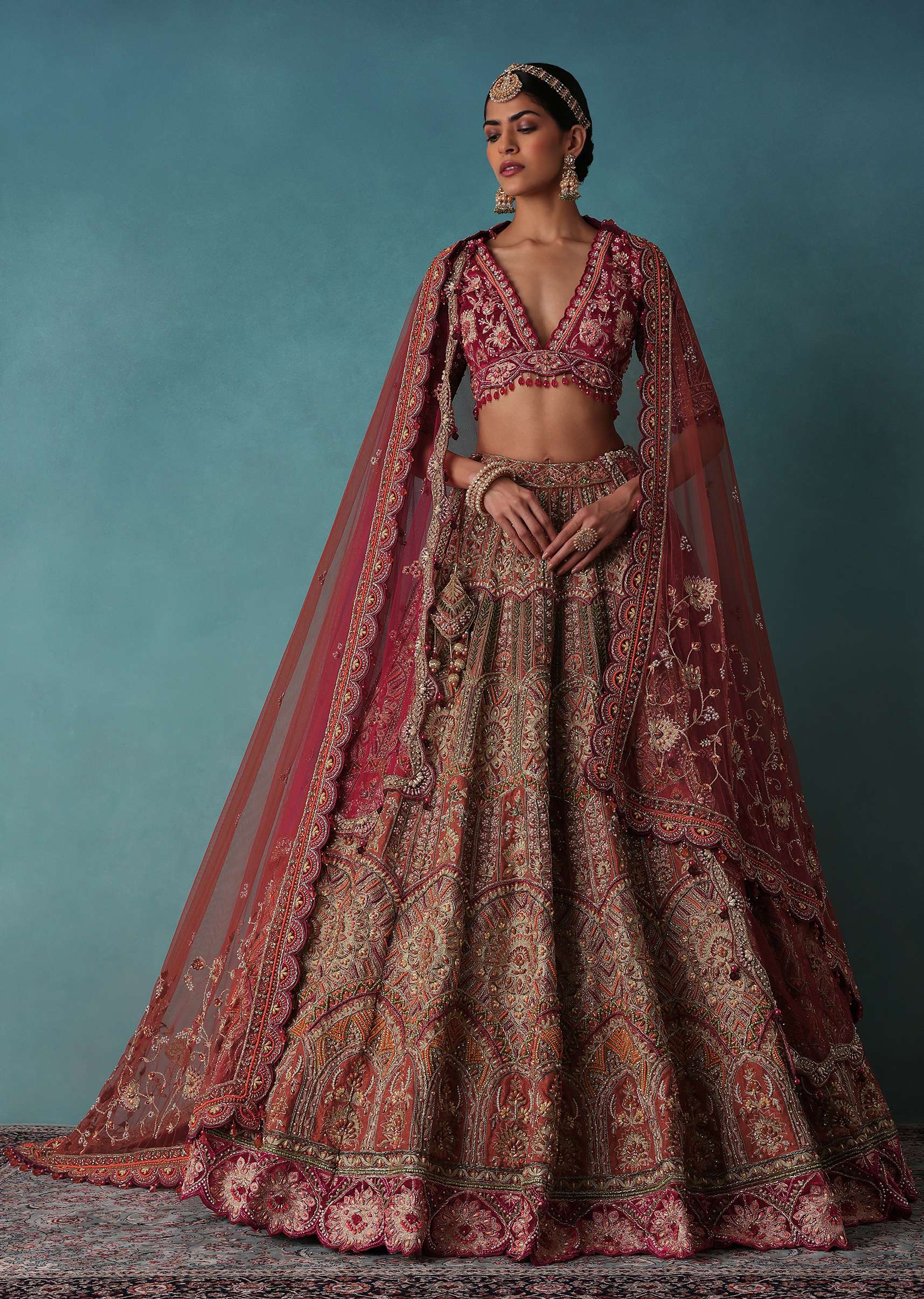 Rust Orange Embroidered Bridal Lehenga Set With Aari Work