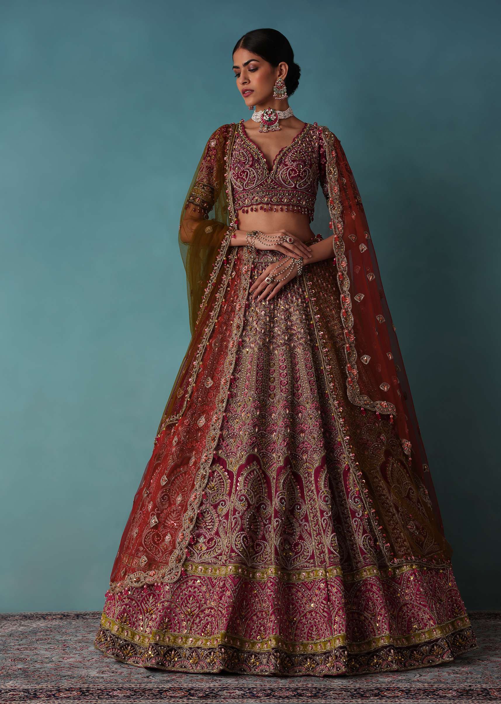 Rouge Red Bridal Lehenga Set In Raw Silk With Aari And Zardosi Work