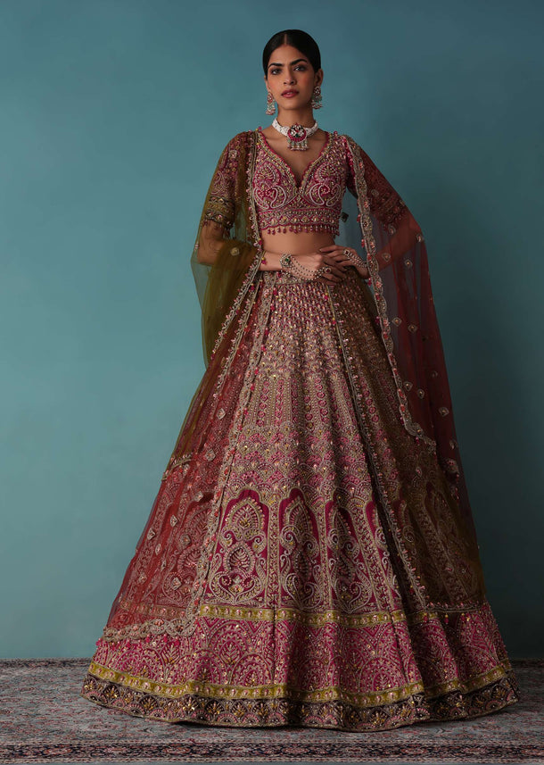 Rouge Red Bridal Lehenga Set In Raw Silk With Aari And Zardosi Work