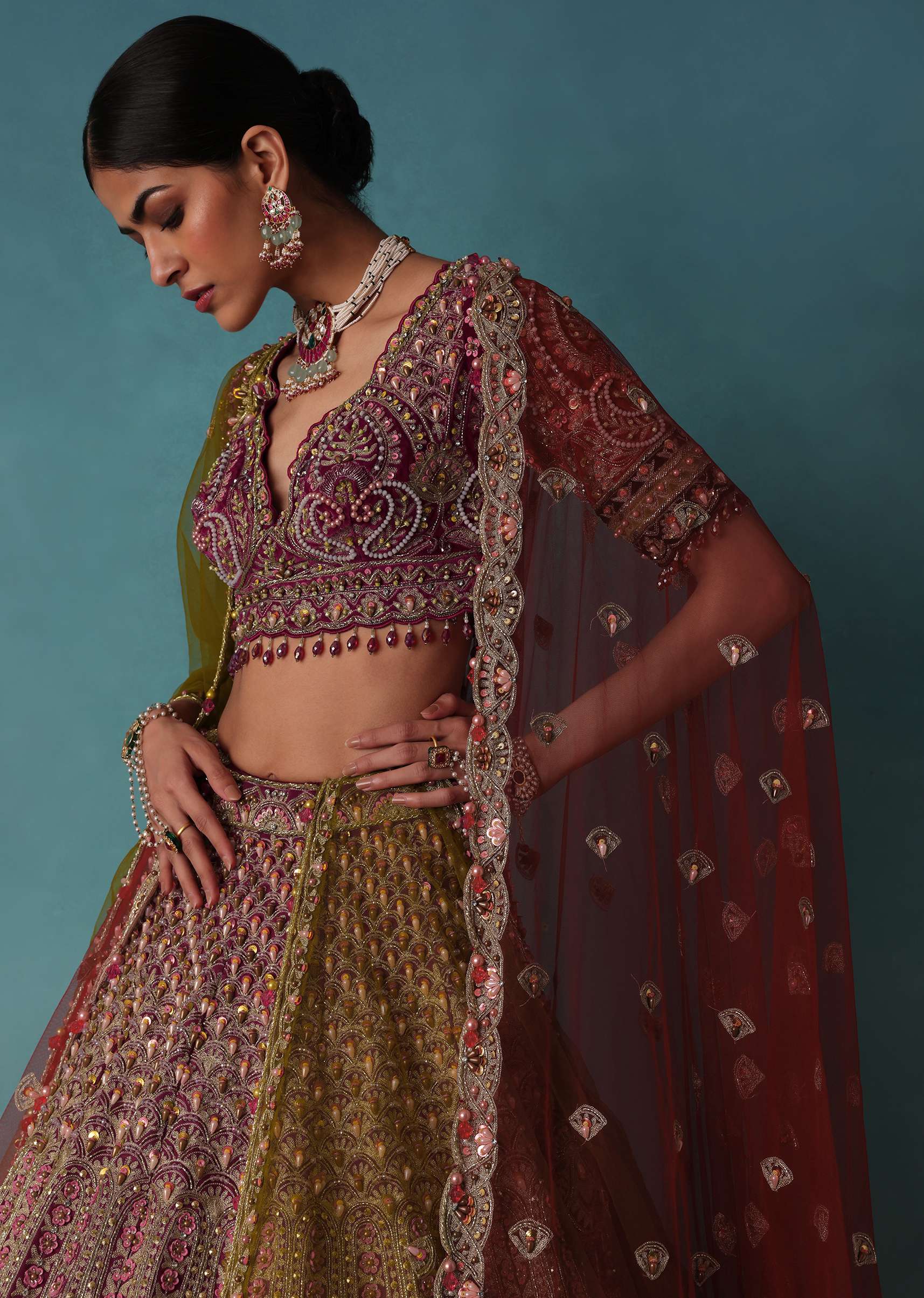 Rouge Red Bridal Lehenga Set In Raw Silk With Aari And Zardosi Work