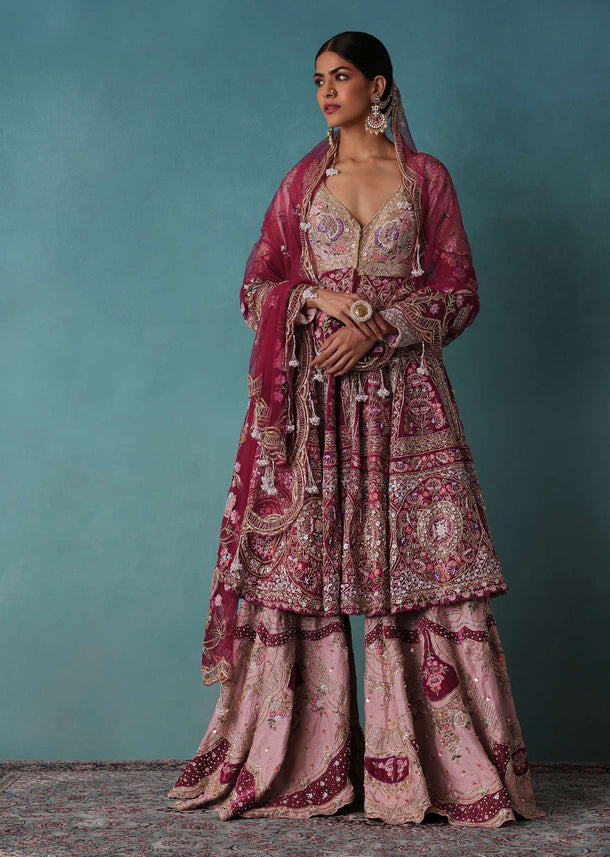 Blush And Cornflower Pink Heavy Bridal Sharara Set With Hand Embroidery