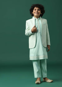 Kalki Sky Blue Sherwani Set In Silk With Threadwork For Boys