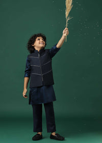 Kalki Navy Blue Kurta Jacket Set In Silk With Embroidery For Boys