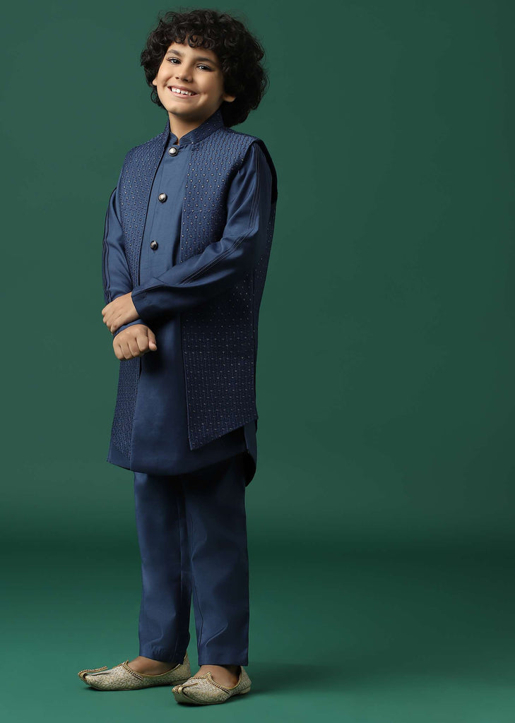 Kalki Navy Blue Sherwani Set In Silk With Threadwork And Sequins Embroidery For Boys