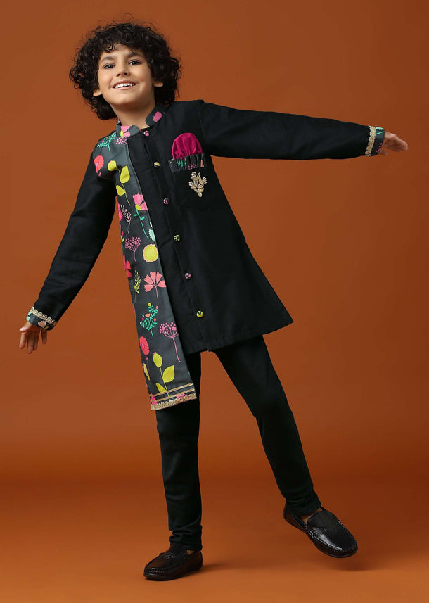 Kalki Black Printed Kurta Pant Set In Cotton Silk For Boys