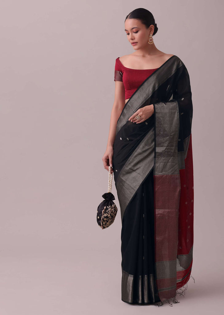 Black Chanderi Silk Handloom Saree With Zari Work