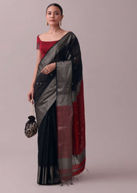 Black Chanderi Silk Handloom Saree With Zari Work