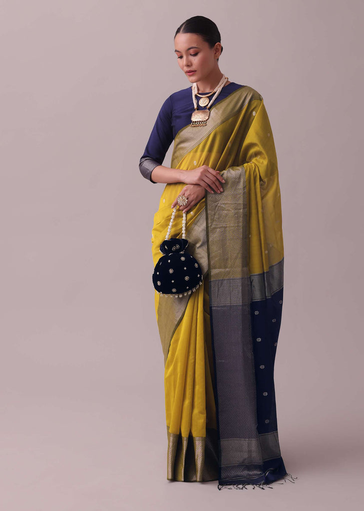 Mustard Yellow Handloom Chanderi Silk And Cotton Saree With Zari Work