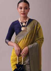 Mustard Yellow Handloom Chanderi Silk And Cotton Saree With Zari Work