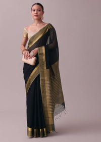 Black Handloom Saree In Chanderi Silk And Cotton With Zari Work