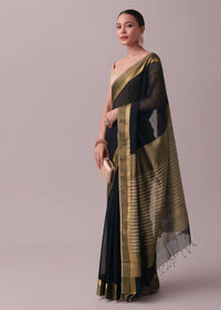 Black Handloom Saree In Chanderi Silk And Cotton With Zari Work