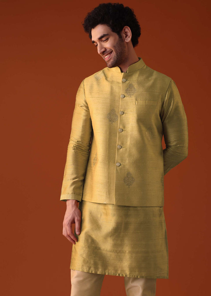 Yellow Dupion Jacket Kurta Set With Golden Floral Motifs