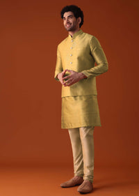 Yellow Dupion Jacket Kurta Set With Golden Floral Motifs