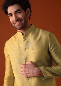 Yellow Dupion Jacket Kurta Set With Golden Floral Motifs