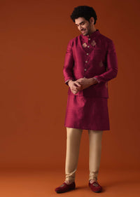 Carmine Red Jacket Kurta Set In Dupion Silk With Golden Floral Motifs