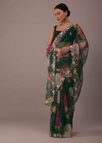 Deep Green Floral Printed Saree In Organza With Cut Dana Butti All Over