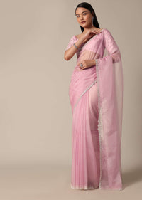 Pink Saree With Cut Dana Embellished Border Work