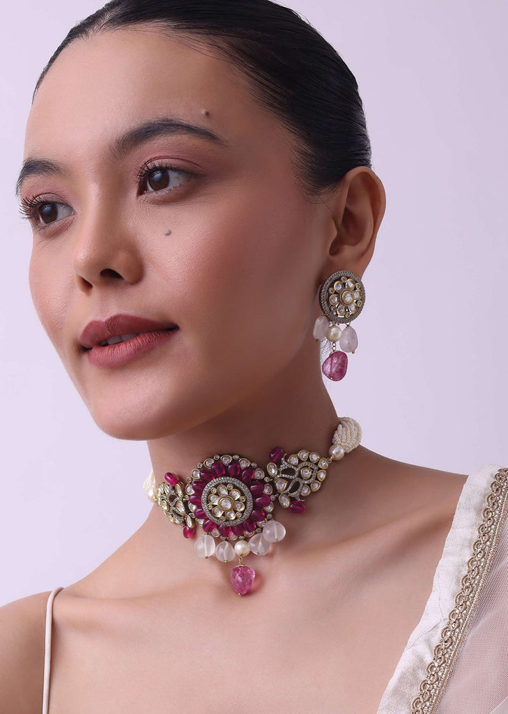 Two Tone Kundan Choker And Earring Set With Red And Pink Stones