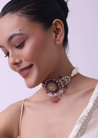 Two Tone Kundan Choker And Earring Set With Red And Pink Stones