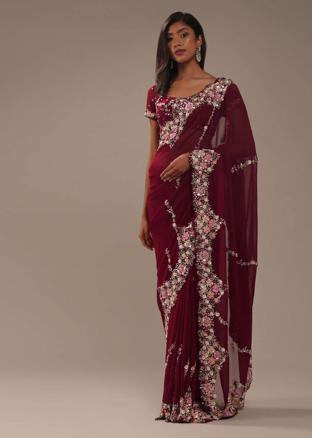 Maroon Red 3D Embroidered Saree In Tissue Silk