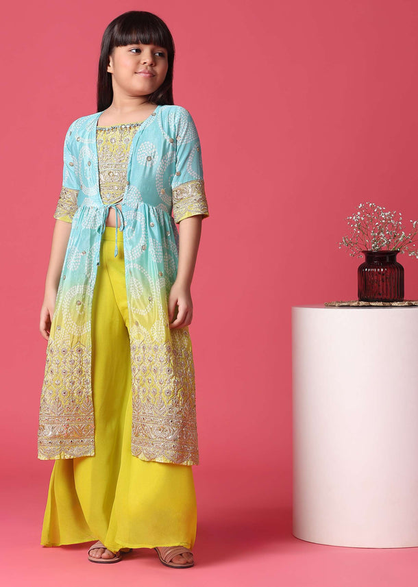 KALKI Shaded Blue Embroidered Palazzo And Top Set With Jacket For Girls