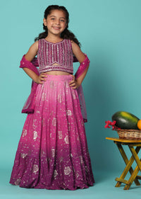 Kalki Shaded Pink Embroidered Lehenga And Blouse Set In Georgette For Girls