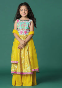 Kalki Yellow Printed Kurta And Palazzo In Satin Blend For Girls