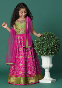 Kalki Rani Pink Embroidered Lehenga Blouse Set In Silk For Girls