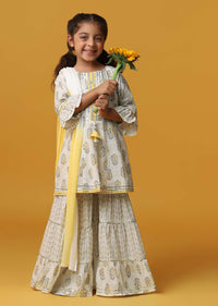 Kalki Beige Cream Printed Sharara And Kurta Set In Cotton For Girls