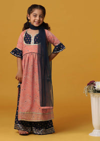 Kalki Peach Pink Printed Kurta And Sharara Set In Rayon For Girls