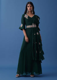 Emerald Green Embroidered Dress And Multiway Draped Dupatta In Georgette