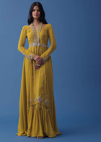 Mustard Yellow Embroidered Indowestern Dress And Cape In Georgette