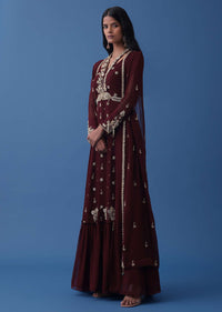 Wine Embroidered Indowestern Dress And Cape In Georgette