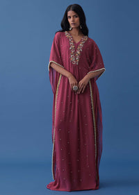 Magenta Pink Indowestern Floral Embroidered Kaftan In Georgette