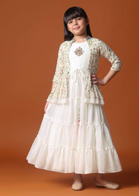 KALKI Off White Embroidered Gown And Jacket In Georgette For Girls