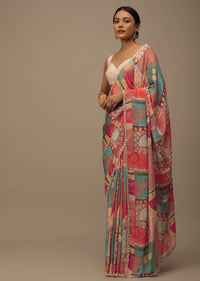 Marigold Orange Embroidered Muslin Saree With Floral Print And Scallop Borders