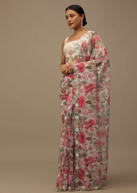 Pearl White Embroidered Organza Saree With Floral Print And Scallop Borders